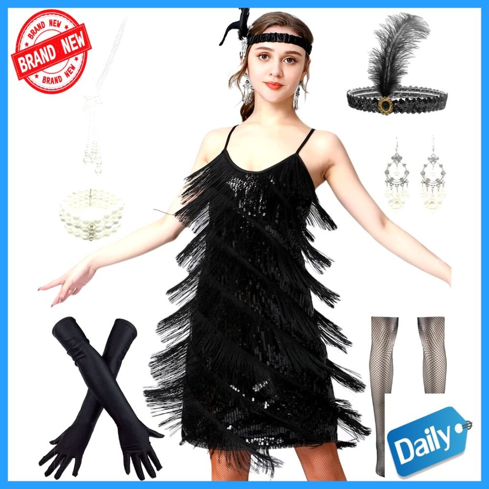 Sequin Flapper Dress with Accessories Set, S-XL, Polyester, Gatsby Party